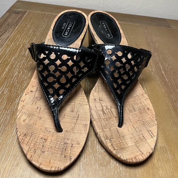 Coach Brookk Black Patent Leather Cork Wedge Sandals Signature Logo Size 7.5B - Picture 1 of 8
